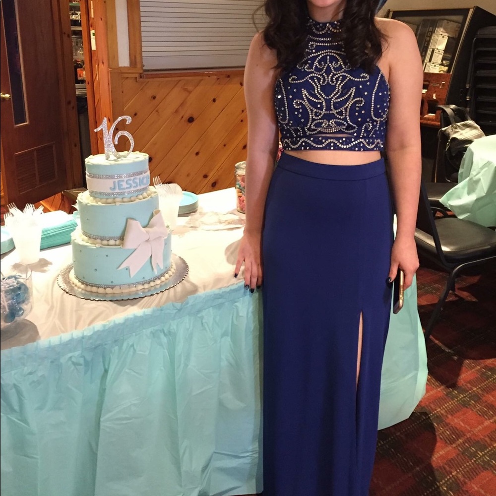 Blue beaded two piece Macy’s prom dress